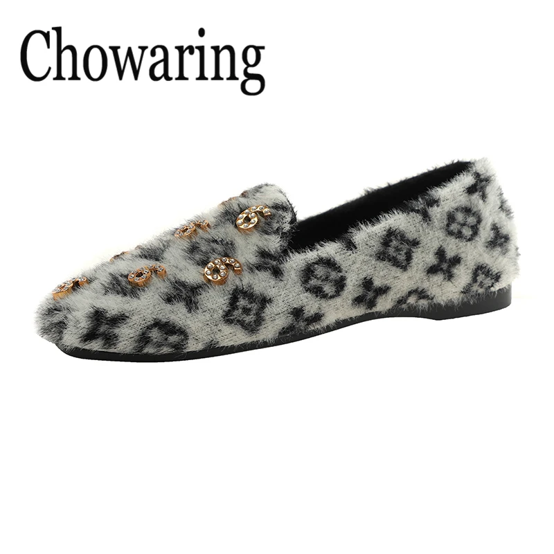 

Chowaring Leisure Women Flats Winter Autumn Ballet Flats fashion Female Fur Loafers Brand Logo Women Shoes Slip On Lazy shoes