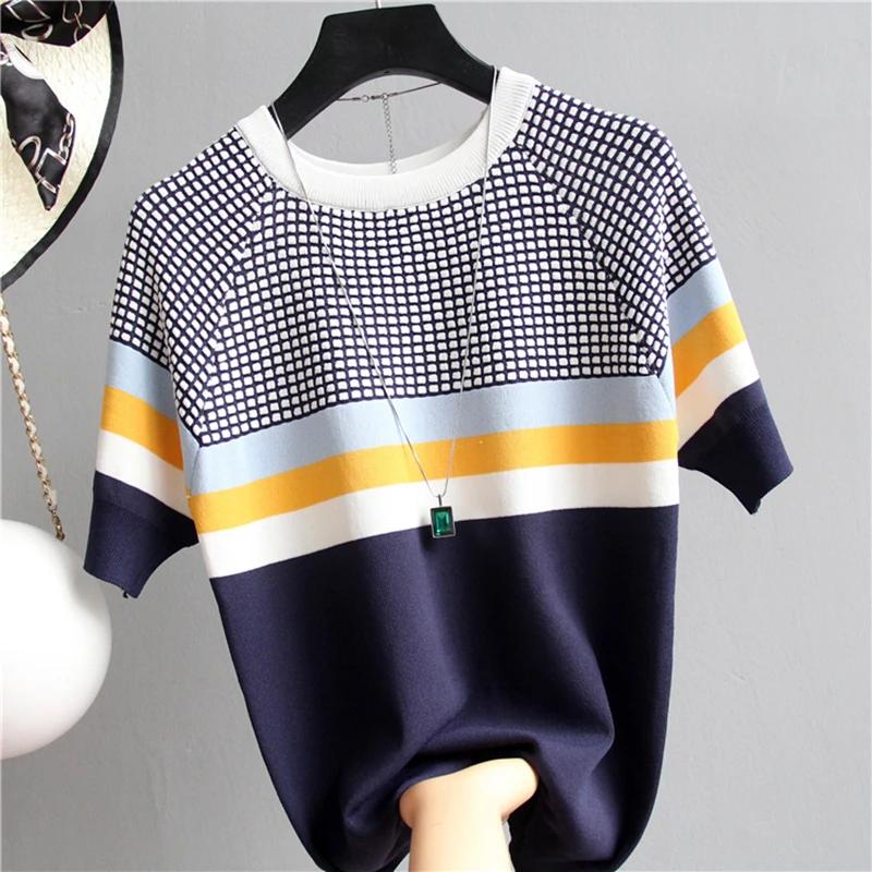shintimes Plaid T-shirt With Stripes Women Tshirt Knitted Loose