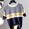 Shintimes-T-Shirt Femme à carreaux, T-Shirt rayé tricoté en coton 2022 T-Shirt coréen Femme vêtements T-Shirt Femme ► Photo 2/6