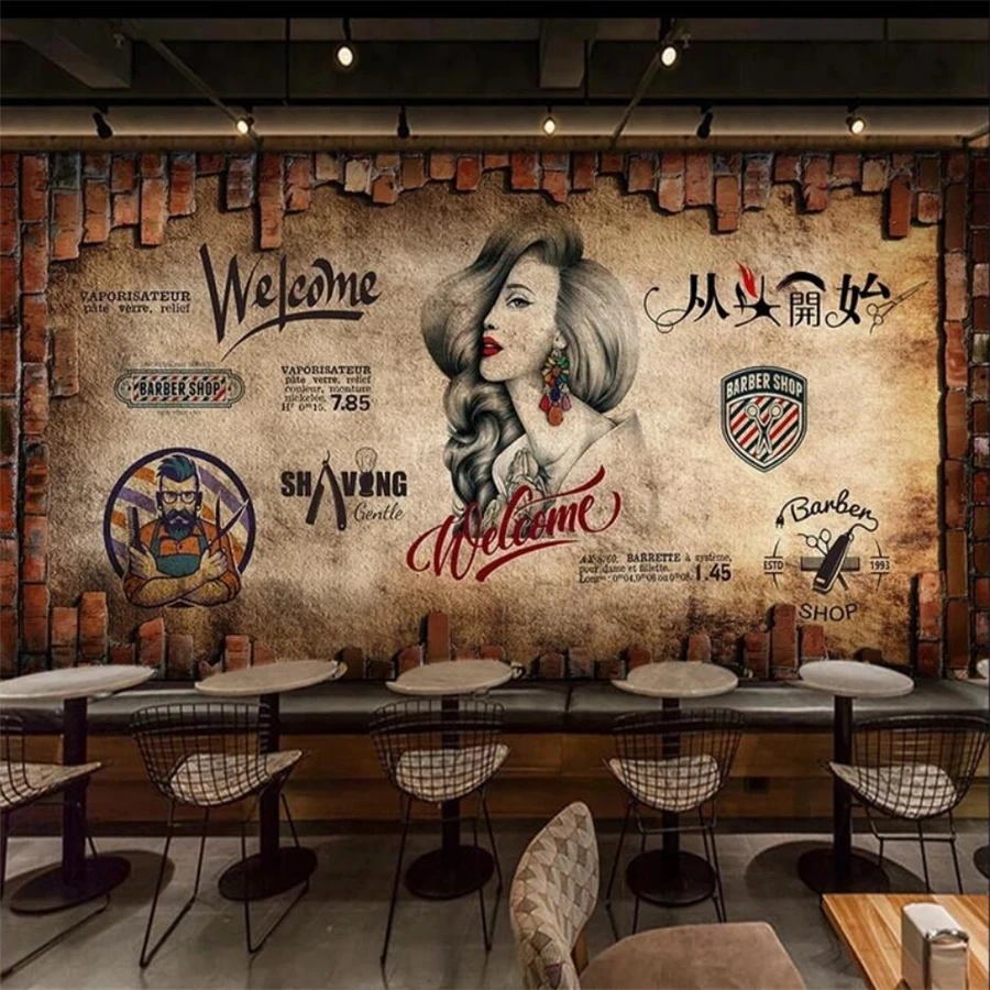Custom wallpaper 3d European and American industrial wind wall brick beauty salon barber shop background papier peint | Обустройство
