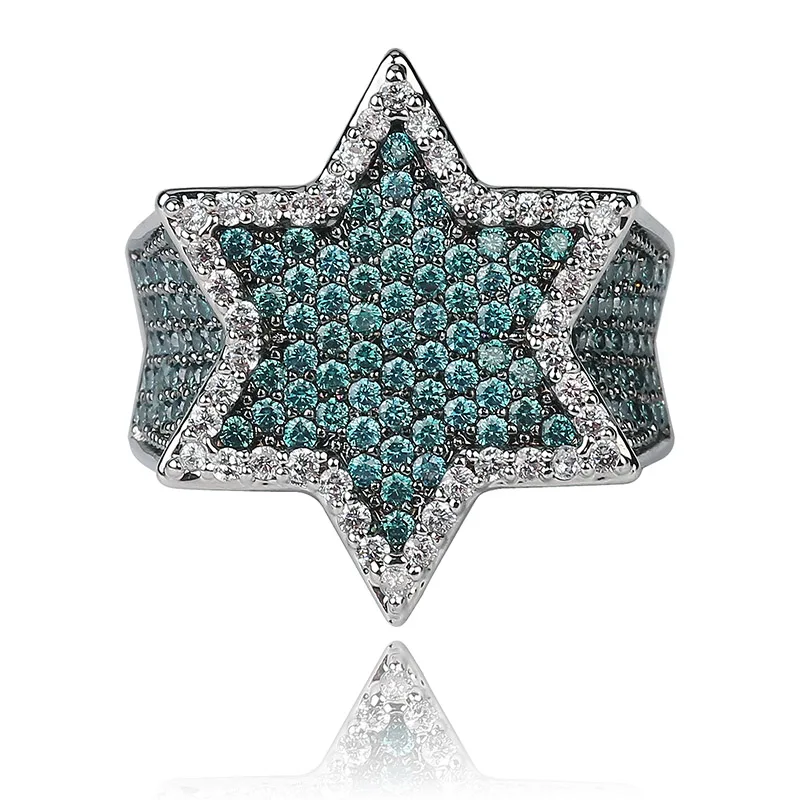 

TOPGRILLZ New Mint Blue Iced Out Hexagon Star Rings Young Dolph blue Cubic Zircon Charm Hip Hop Jewelry