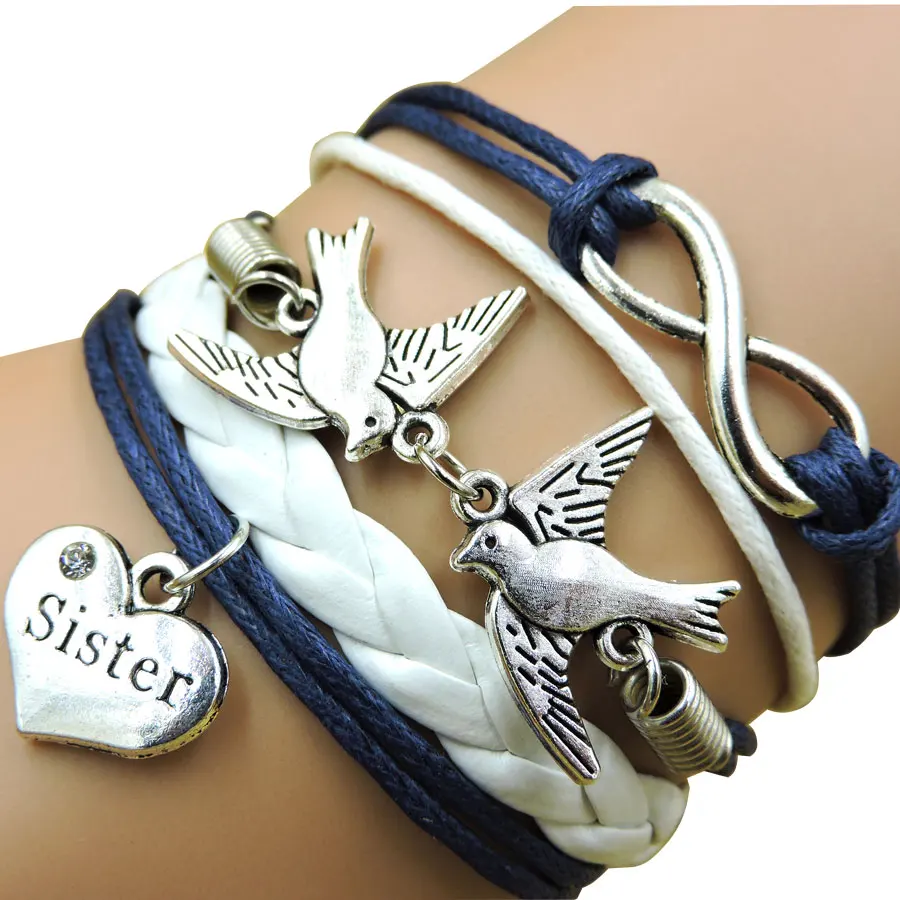 Infinity Sister Heart Peace Birds Multilayer Leather Bracelets & Bangles for women with girls wholesale bracelet B3003