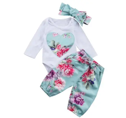 

Newborn Baby girls clothes Kids Floral 3PCS Set Cute Flower printed Babysuit Pants Headband Infant Toddle girl clothing Outfit