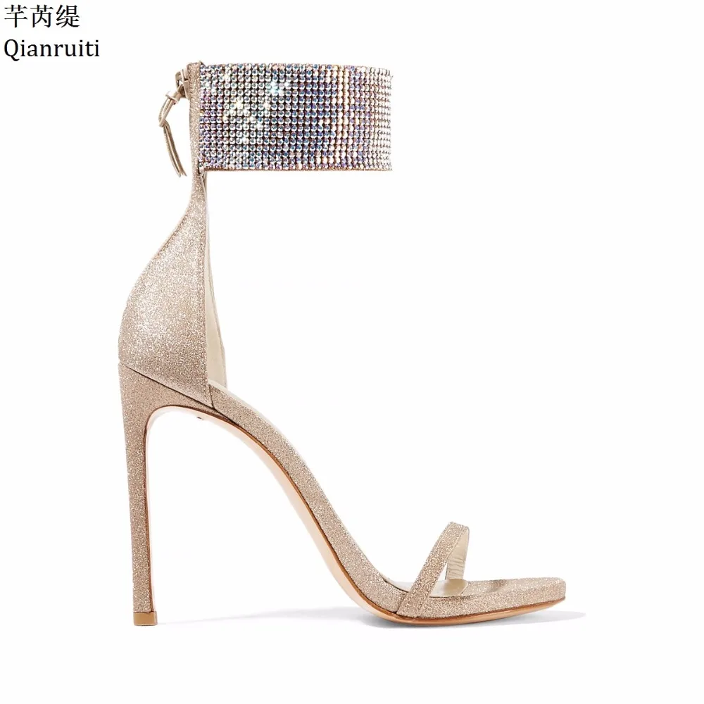 

Qianruiti Gold Sequin Cloth High Heels Women Sandals Sexy Stiletto Heels Women Shoes Studded Crystal Ankle Buckle Women Pumps