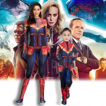 

3D Parent-child Movie Version Women Captain Carol Danvers Cosplay Costume Zentai Superhero Bodysuit Suit Jumpsuits for kids