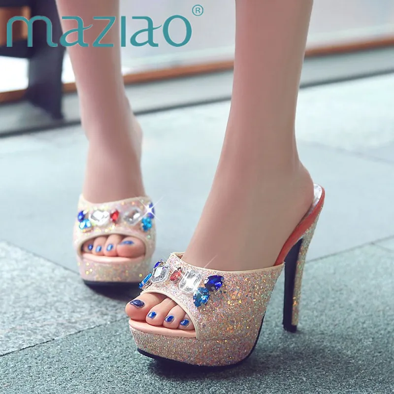 

MAZIAO Mixed Colors Big Small Size 33-43 Bling Glitter PU Super High Heel Shoes Women Open Peep Toe Colorful Crystal Sandals