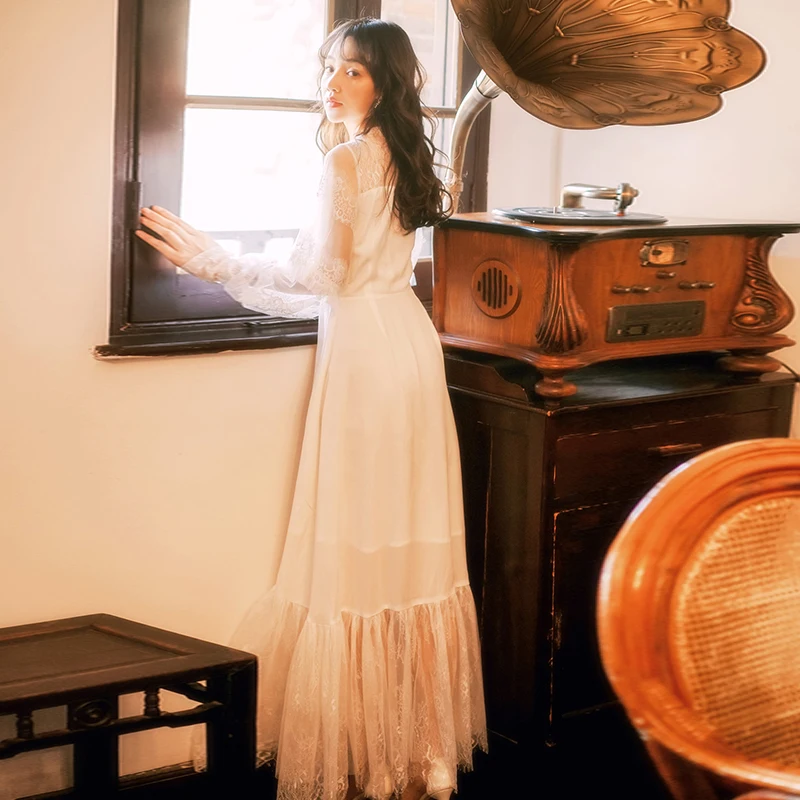 

YOSIMI 2019 Summer Ladies Party Dress White Lace Chiffon Women Dresses Maxi Full Sleeve Long Dress White Fairy Slim Ankle-Length