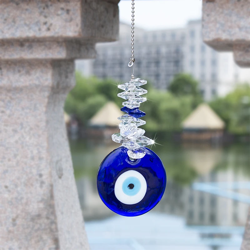 LONGSHENG SINCE 2001 Crystal Flower Suncatcher with Feng Shui Turkish Blue Evil Eye Protection and Good Luck Charm Gift 