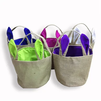 

10pcs/lot 5 Color Easter Basket Burlap Easter Bucket Rabbit Blanks Easter Tote Seersucker Easter Basket With Long Ear Bunny