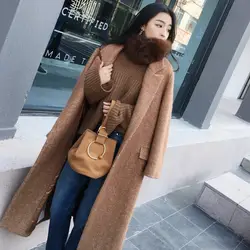 Большие размеры, свободное теплое шерстяное длинное зимнее пальто с отложным воротником, регулируемый пояс, шерстяные пальто для женщин