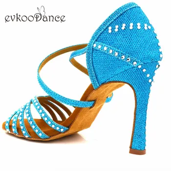 

Latin Dancing Shoes Size US 4-12 Professional 10cm Heel Height Zapatos De Baile Blue Shinny With Rhinostone NL237