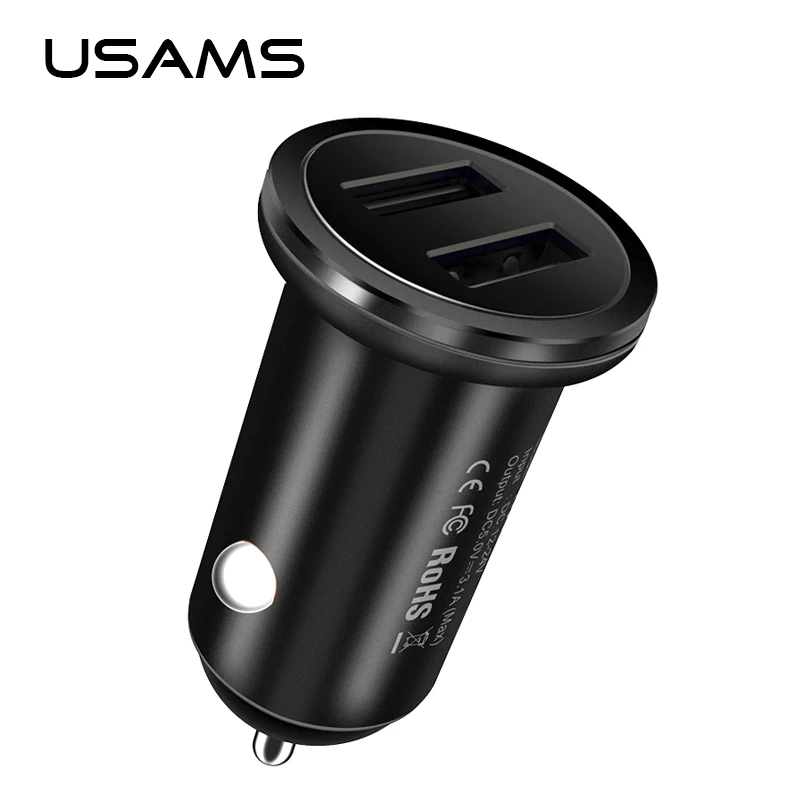 USAMS Car Charger 5V 3.1A Fast Charge Dual USB Metal Cigar Lighter Phone Car Charger For iphone