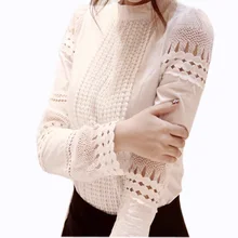 S-5XL Autumn Kemeja wanita Putih lengan Panjang Blus Slim Basic Tops Plus Ukuran Berongga Lace Shirts Wanita Tinggi kualitas J2531