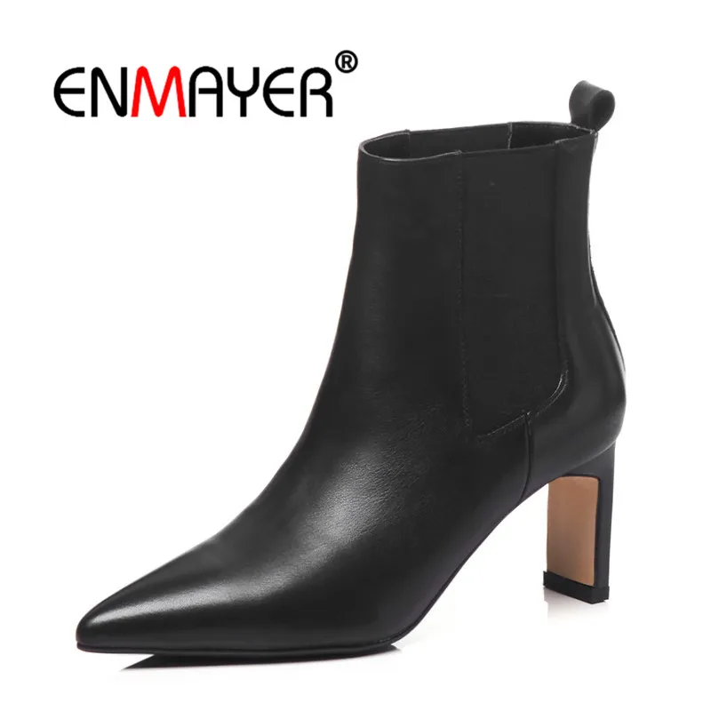 

ENMAYER Women Ankle boots Pointed Toe Short boots Winter Women shoes Thin heels Real Leather boots Size34-40 Elastic band CR1159