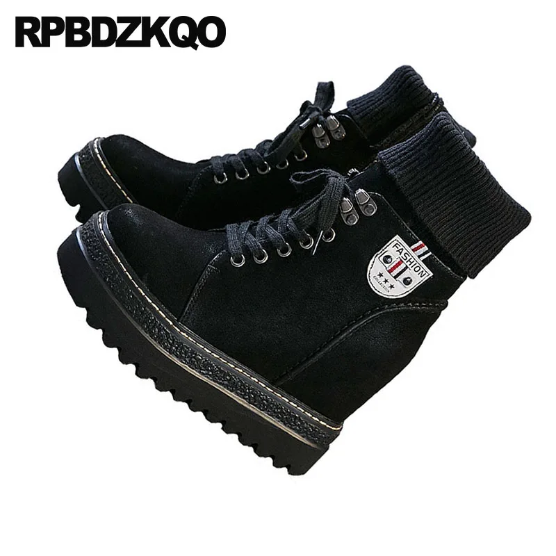 Avant Casual Bottes Noir brow Automne Extrême Lacent Caché Tricot Noir Flatform Militaire En Femmes Combat Chaussette Chaussures Fétiche Haut Talon Cheville wYq6Ax7a