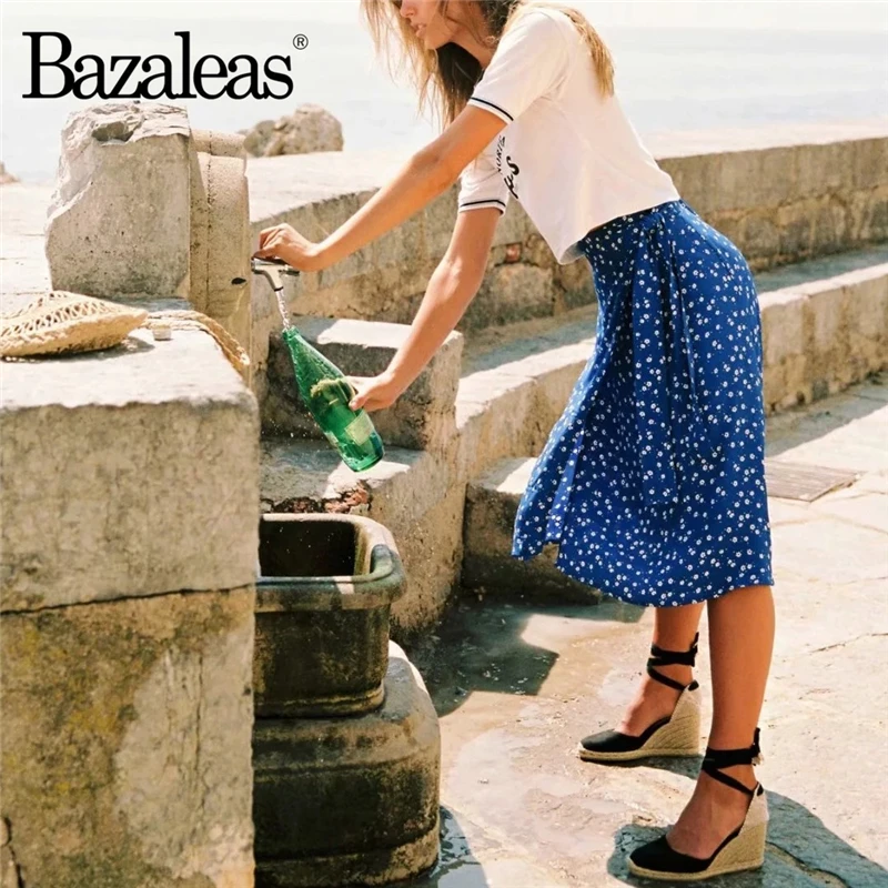 

Bazaleas Holiday Chiffon Bow Tie waist Women High Waist Skirts Vintage Blue wrap front Floral print skirt Casual drop shipping