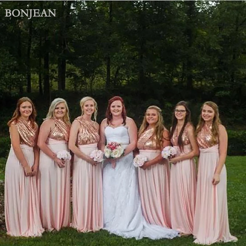 

Elegant A-Line Chiffon Bridesmaid Dresses Cheap Mismatched sequin Floor Length Wedding Party Gown Long Bridesmaid Dresse