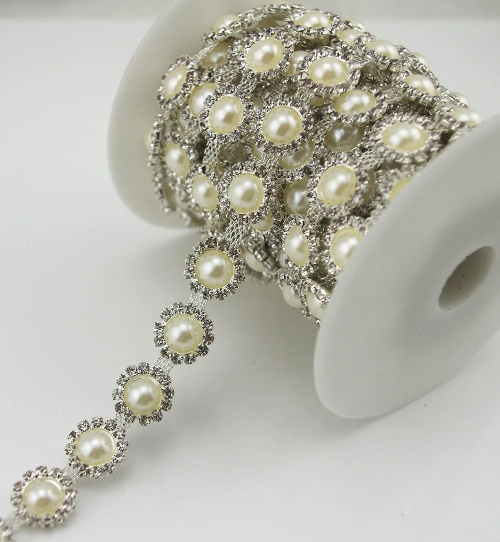 Crystal Rhinestone Pearl Sunflower Silver Chain Sewing Trims Decoration