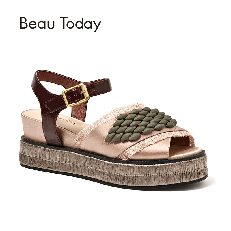 BeauToday Women Summer Sandals Satin Cloth String Bead Buckle Strap High Heel Top Brand Ladies Wedges Handmade 32063