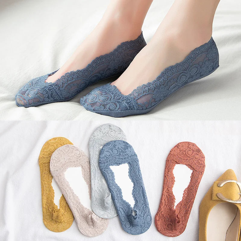 

TWTZQ 5 Pair/Lot Summer Lace Women Socks Thin Street Ankle Sock Breathable Non-slip Low Cut Casual Cotton Invisible Boat Socks