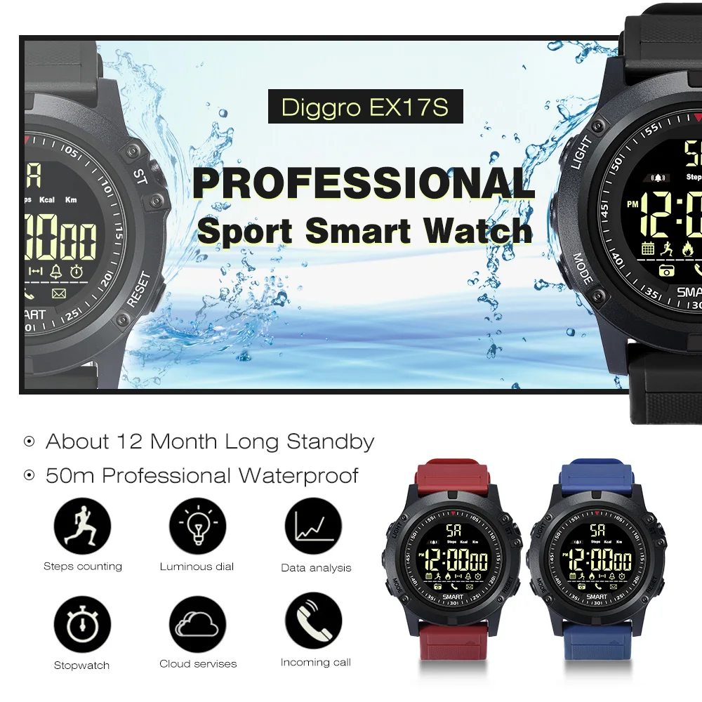 Diggro EX17S Smart Watch IP68 Waterproof 5ATM Pedometer Message Reminder Long Standby Time Outdoor Sports For Android IOS Diggro EX17S Smart Watch IP68 Waterproof 5ATM Pedometer Message Reminder Long Standby Time Outdoor Sports For Android IOS
