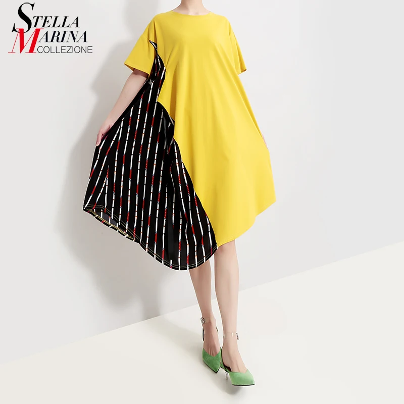 

2019 Korean Style Women Yellow Summer Sundress Short Sleeve Striped Part Patchwork Female Casual Plus Size Midi Dress Robe 5037