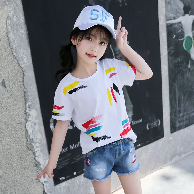 

Summer T-shirt for Girls Graffiti White Top Tees Kids Short Sleeve Cotton Shirts Clothes for Girls 5 6 7 8 9 10 12 14 Years Old