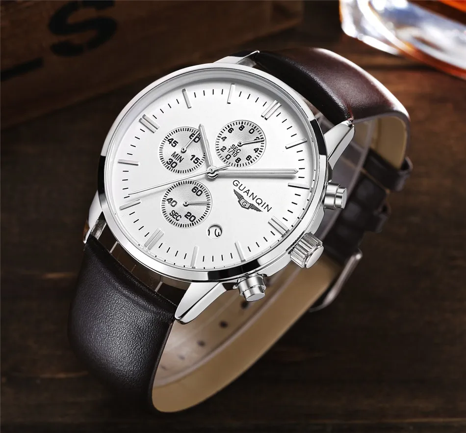 GUANQIN Quartz Watch Mens Watches Top Brand Luxury Chronograph Clock Men Sport Waterproof Leather Wristwatch relogio masculino