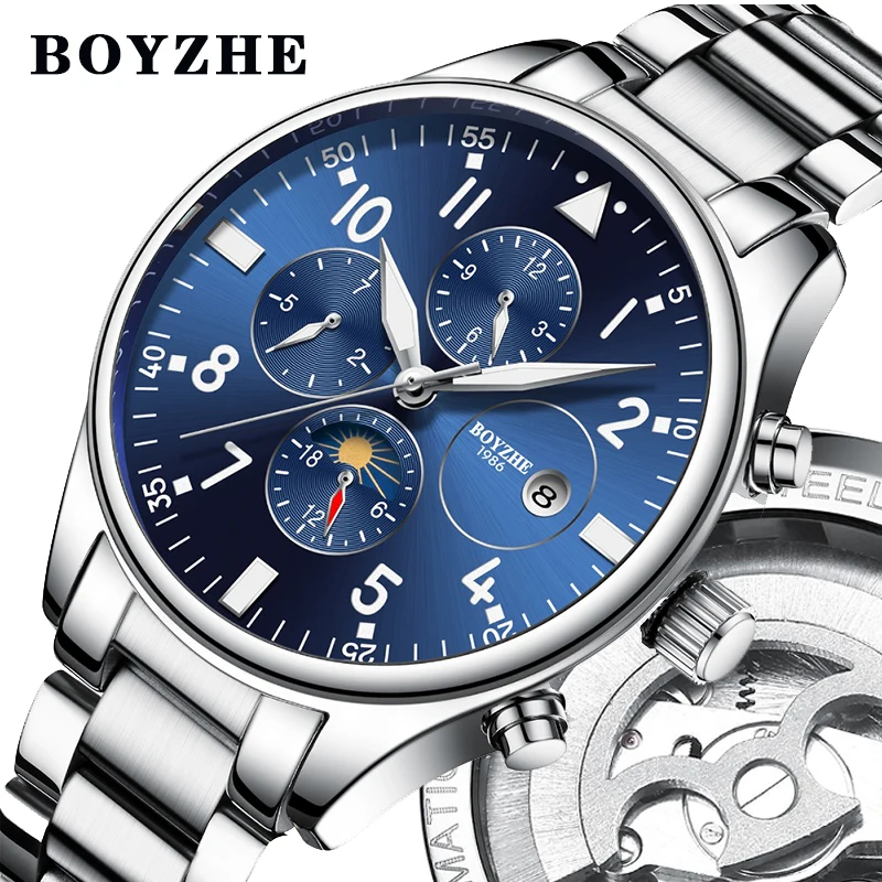 

BOYZHE 2018 New Men Automatic Mechanical Watch Stainless Steel Fashion Luxury Brand Military Waterproof Business Sports Watches