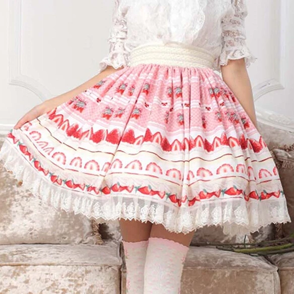 

XS-XL Fresh Strawberry Print Skits Pink Lolita Kawaii Cake SK Lady Pleated Lace Skirt Lolita Cosplay Women Japan Fashion Skirts
