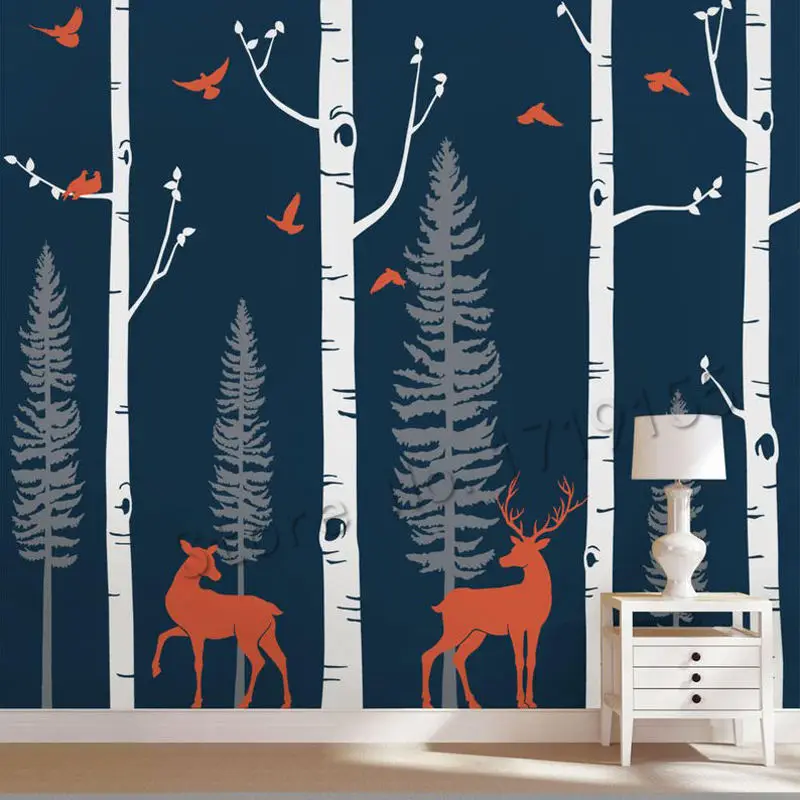 

High Quality Forest Birch Tree Wall Decal with Deer Wall Stickers Nursery Wall Decal Removable Big Tree Mural Nature DecalsZW492