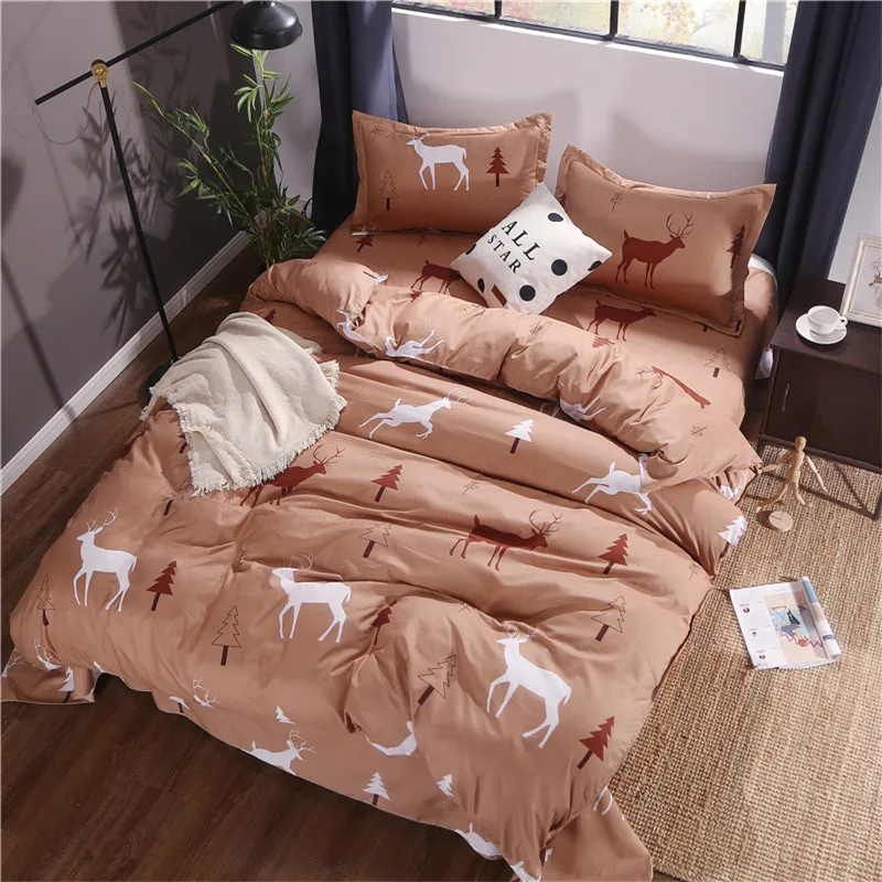 

Coffee Color Deer Pattern Bedding Sets 4Pcs Bed Linings Duvet Cover Bed Sheet Pillowcases Cover Set Bedspread King Queen 4 Size