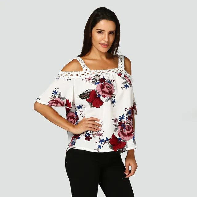 2019 Women Sexy Lace Cold Shoulder Floral Blouses Tops Summer Top Casual Loose Short Sleeve Blouse Female Shirts Blusa Plus Size 4