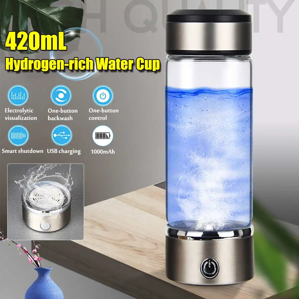 

420ML Water Cup Rechargeable Negative Ion Hydrogens-rich Water Cup Water Generator Alkaline Maker Portable Water Ionizer Bottle