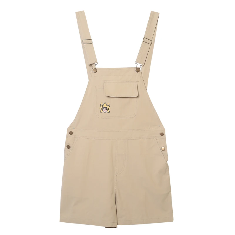 Summer New Kawaii Playful Cartoon Embroidery Khaki Strap Shorts For Women Ladies Overalls Cotton - Цвет: Хаки