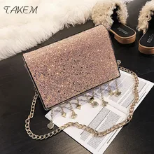 

TAKEM INS Women Sequined Shoulder Crossbody Bags Messenger Bag Fashion Women's Leather Small Flap Chain Strap Female Bolsa Trend