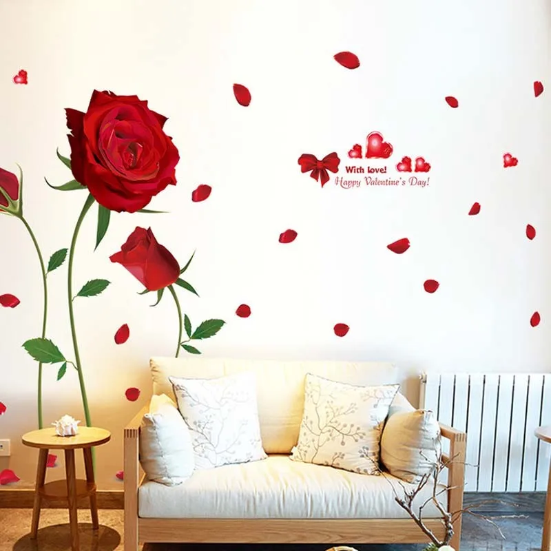

% Romantic Red Rose Home Decoration Printing Magic Cartoon Children Room Background Decorative PVC flowers Wall Stickers Poster