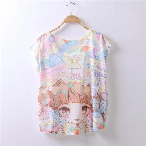

Ayumi Girls Short sleeve T shirt Fashion Cute Harajuku Kawaii T-shirts Japanese style Character Printed Cartoon Cat Tops
