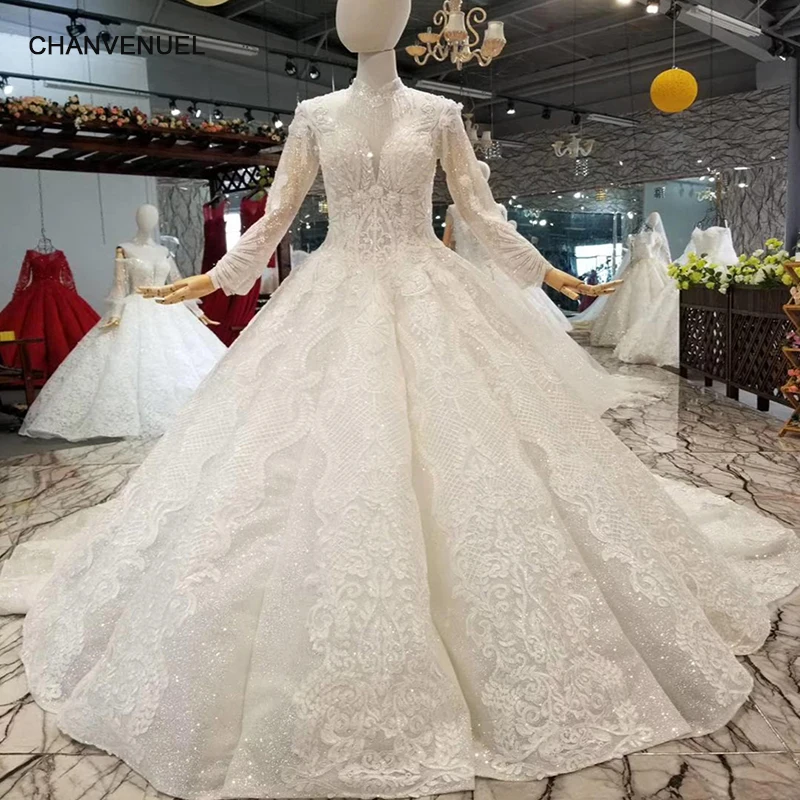 LS524199 ivory high neck wedding dress with beads long ...