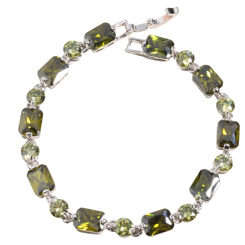 

Rectangle Green Olive Peridot 925 Sterling Silver For Women Link Chain Bracelet 6.5 - 7.5 inch L20035