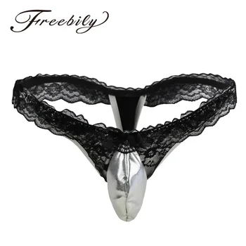 

High Quality Mens Sexy Lingerie Patent Leather Lace Pouch Briefs Thong G-string Pouch Slip Hommes Underwear Underpants for Men