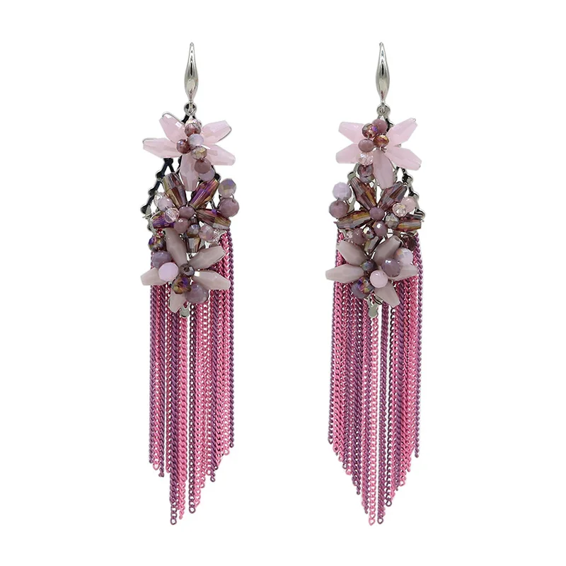 

Fine Crystal Beaded Flowers Long Chain Drop Tassel Earrings Handmade Bohemian Earrings Fashion Jewelry For Women Wedding Party