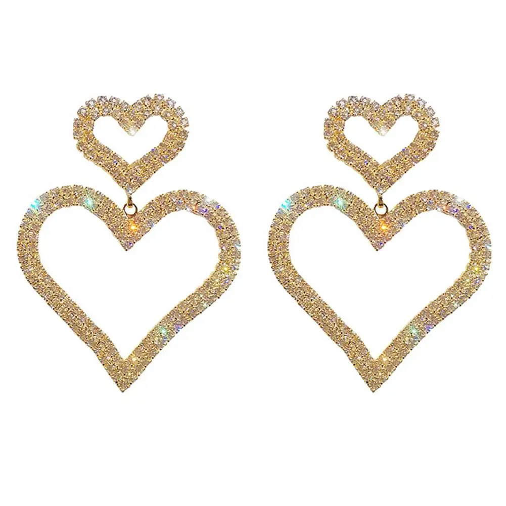 

2019 New Items Luxury Full Rhinestone Hollow Dual Love Heart Women Stud Earrings Jewelry Gift