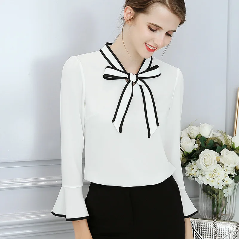

New Spring Summer Blouse Women Long Sleeve Shirts Fashion Leisure Chiffon Shirt Bow Office Ladies red White Tops