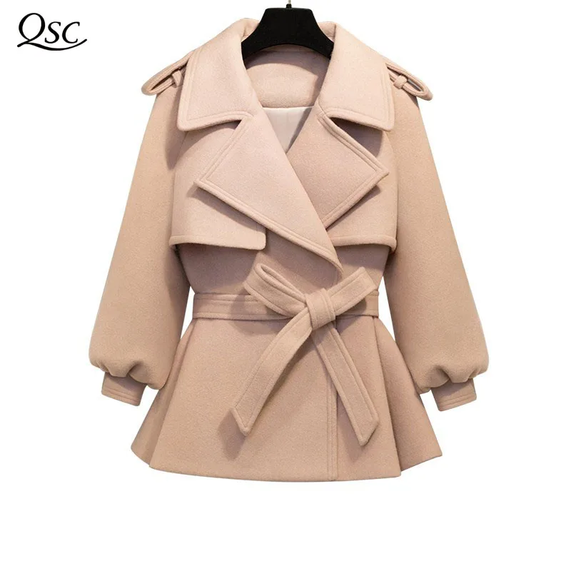 

QSC Spring Autumn Winter Coat Women Belt 2018 Fashion Coat Famale Overcoat Short Slim Blend Woolen Outerwear NZ13