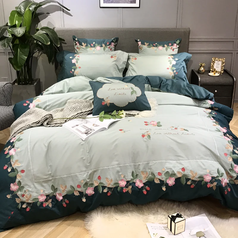 Blue Luxury Sanding 100 Cotton Embroidered Flower Bedding Sets