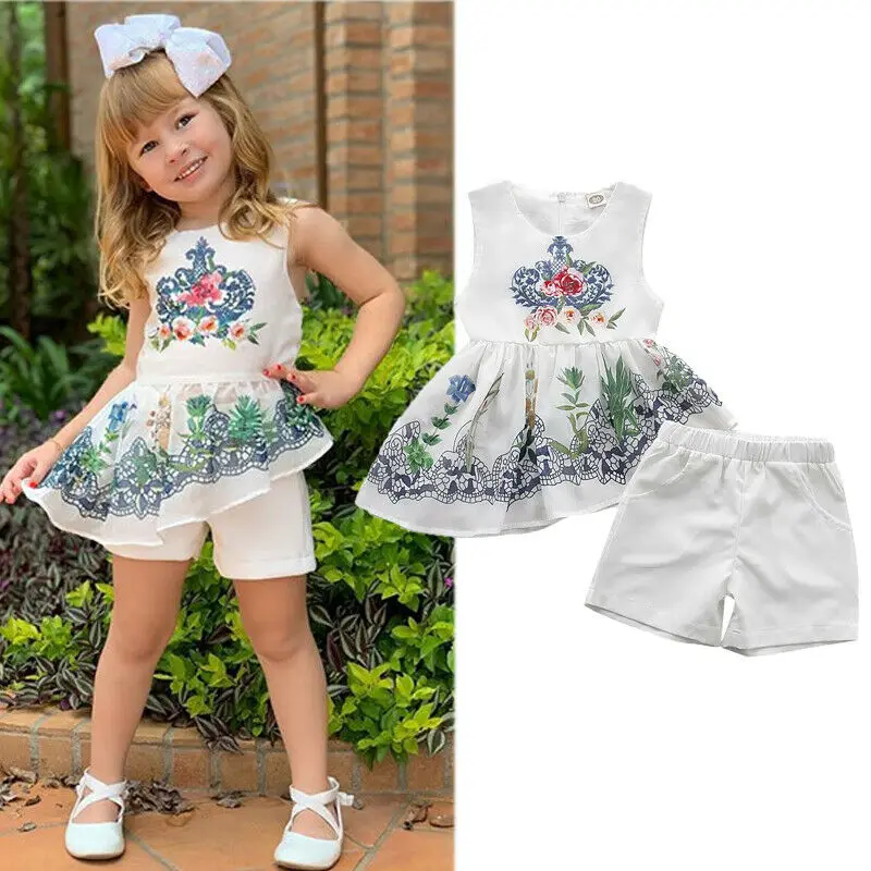 

Summer Infant Baby Girls Clothes Sets Flowers Print Sleeveless Chiffon Tops T-shirt Shorts 2Pcs Outfits Set Clothes