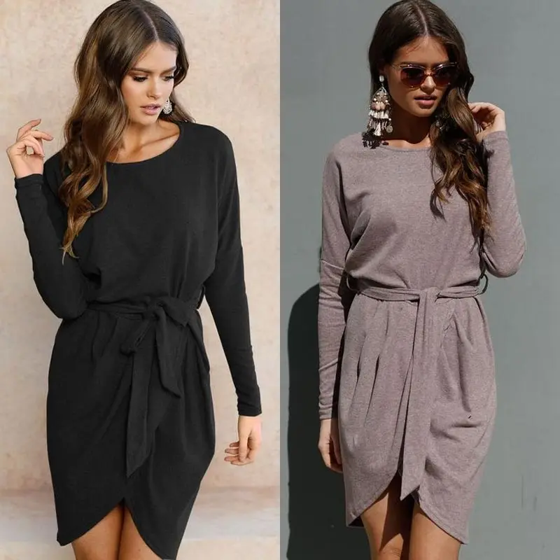 BEFORW 2018 Long Sleeve Women Dress Fashion Black Work Dresses Spring Autumn Solid Irregular Casual Vestidos