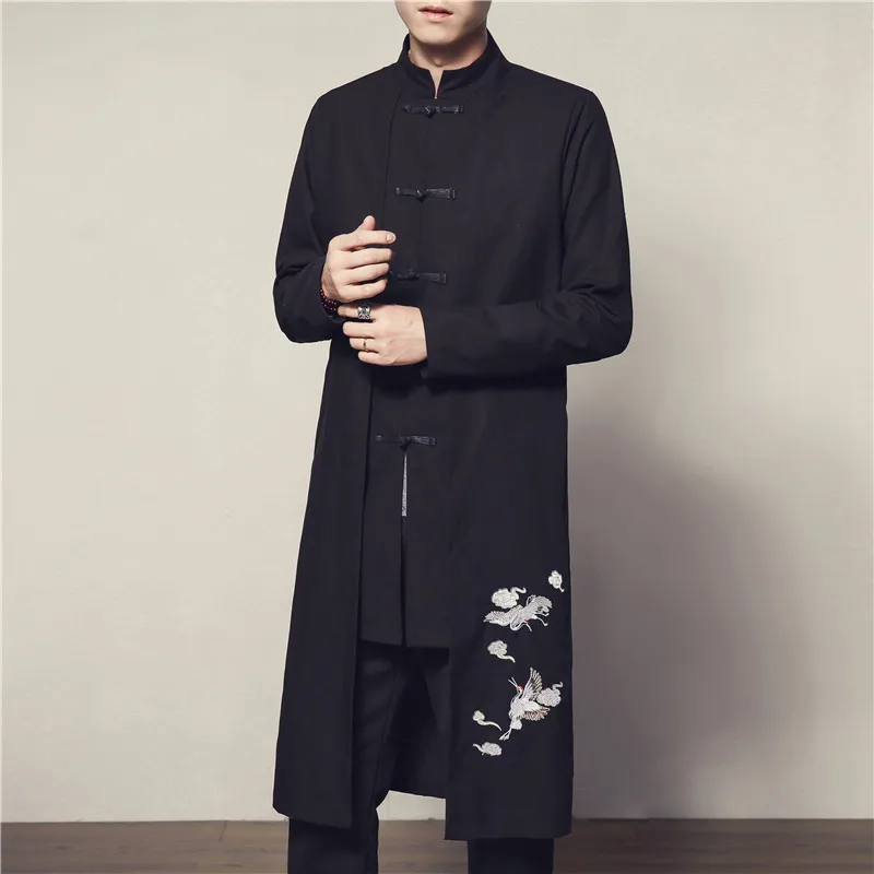  Chinese Retro Style Black men Long Coat Autumn New Single-breasted Embroidery Trench long jacket La
