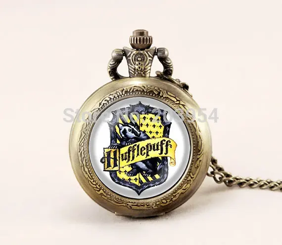 

us 12pcs/lot quartz pocket watches locket necklace jewelry Hogwarts Hufflepuff crest steampunk vintage mens deathly hallows 2017